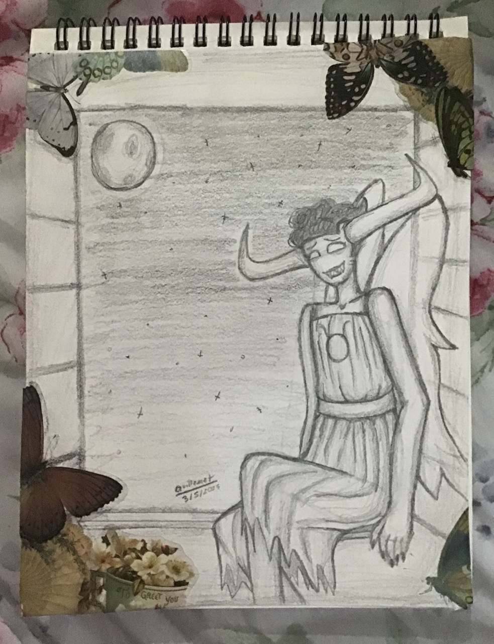 An uncolored, but shaded, traditional drawing of transfem!Tavros.